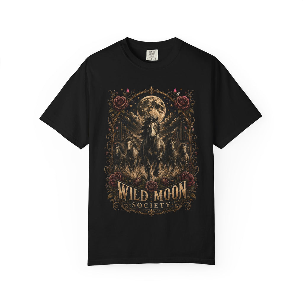 Wild Moon Society T-Shirt — Vintage Gothic Moon & Horse Graphic Tee. Midnight Eye, LLC.