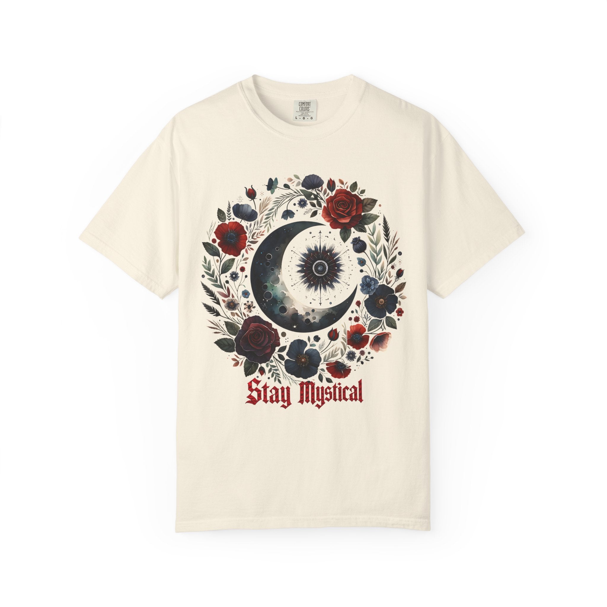 Mystical Moon T-Shirt — “Stay Mystical” Floral Crescent Tee - Dark Aesthetic T-Shirt, Mid Night Eye, LLC