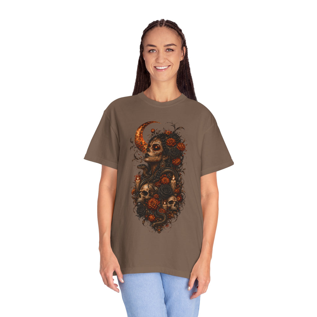 Skull & Rose Moon Tee — Gothic Floral Graphic T-Shirt - Day of the Dead Tee. Midnight Eye, LLC