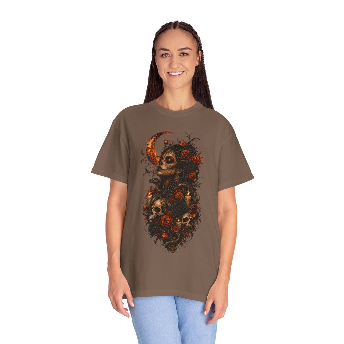 Skull & Rose Moon Tee — Gothic Floral Graphic T-Shirt - Day of the Dead Tee. Midnight Eye, LLC
