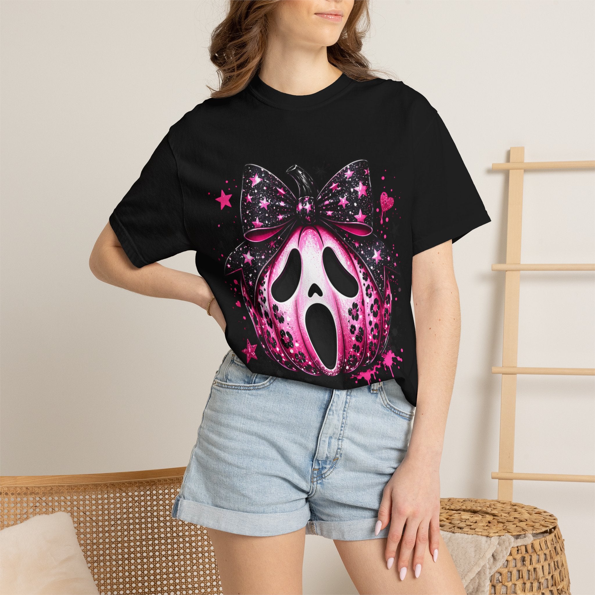 Ghost Face Pumpkin T‑Shirt — Cute Pink Halloween Tee. Midnight Eye, LLC