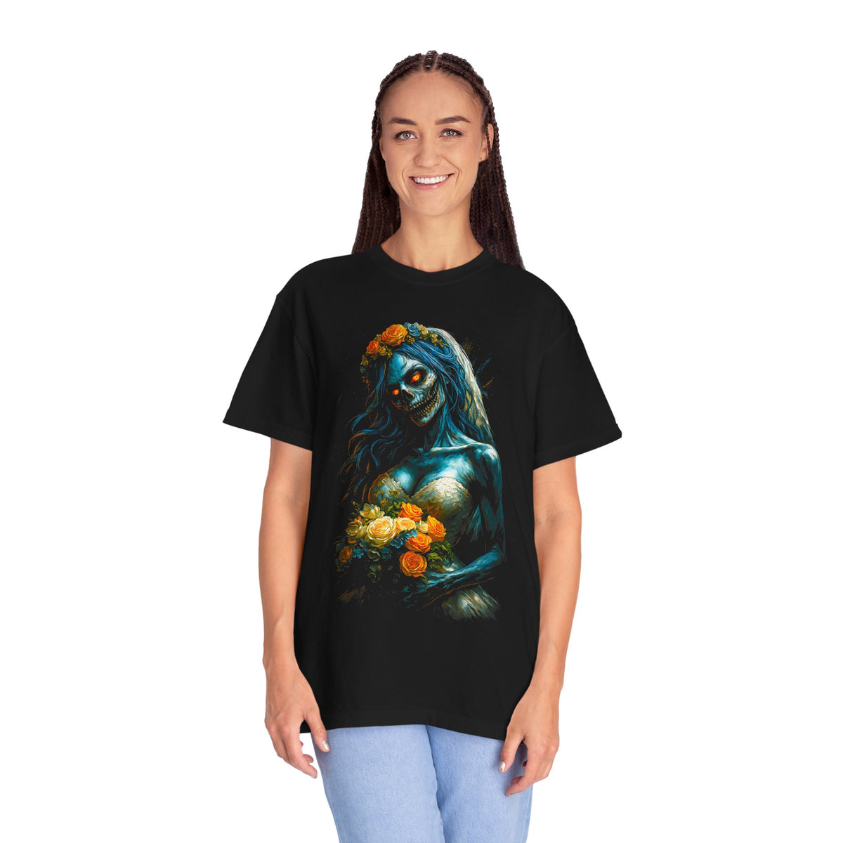 Zombie Bride Floral Skull T-Shirt — Gothic Halloween Horror Tee