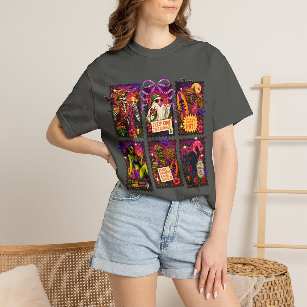 Halloween Horror Stamps T-Shirt — Vintage Spooky Postage Collage. Midnight Eye, LLC.