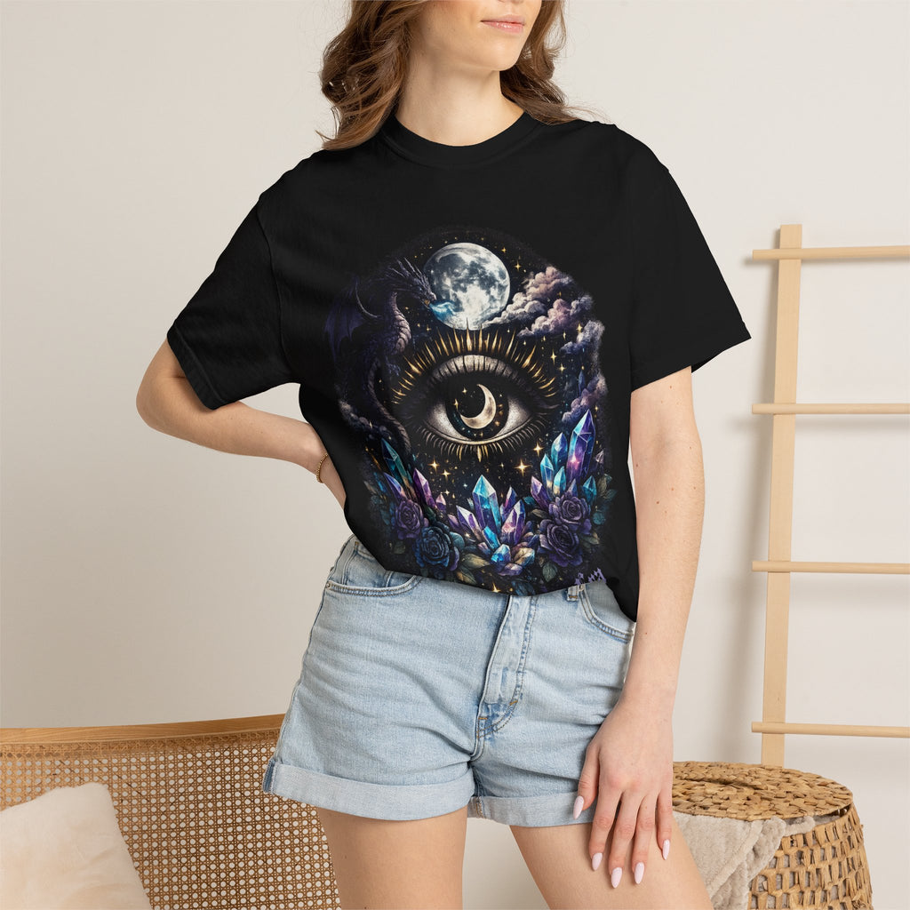 Mystic Third Eye T-shirt — Celestial Moon, Crystals & Dragon Eye Graphic Tee - Dark Aesthetic Tee. Midnight Eye, LLC