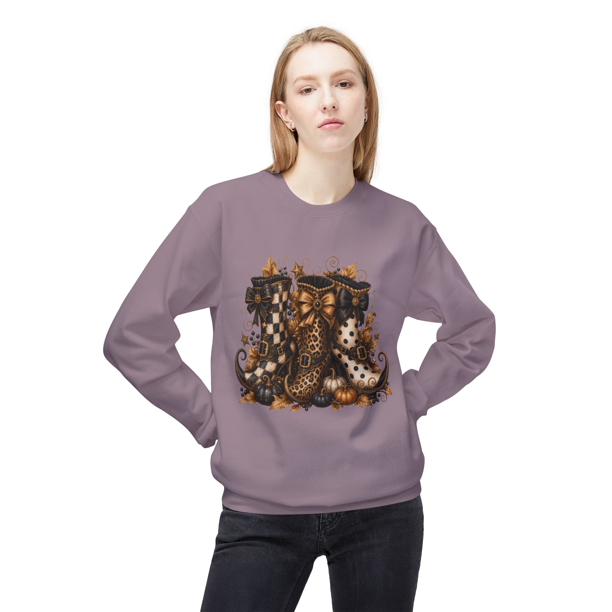 Halloween Boots Crewneck Sweatshirt — Autumn Witchy Vintage Goth Boot Trio Design