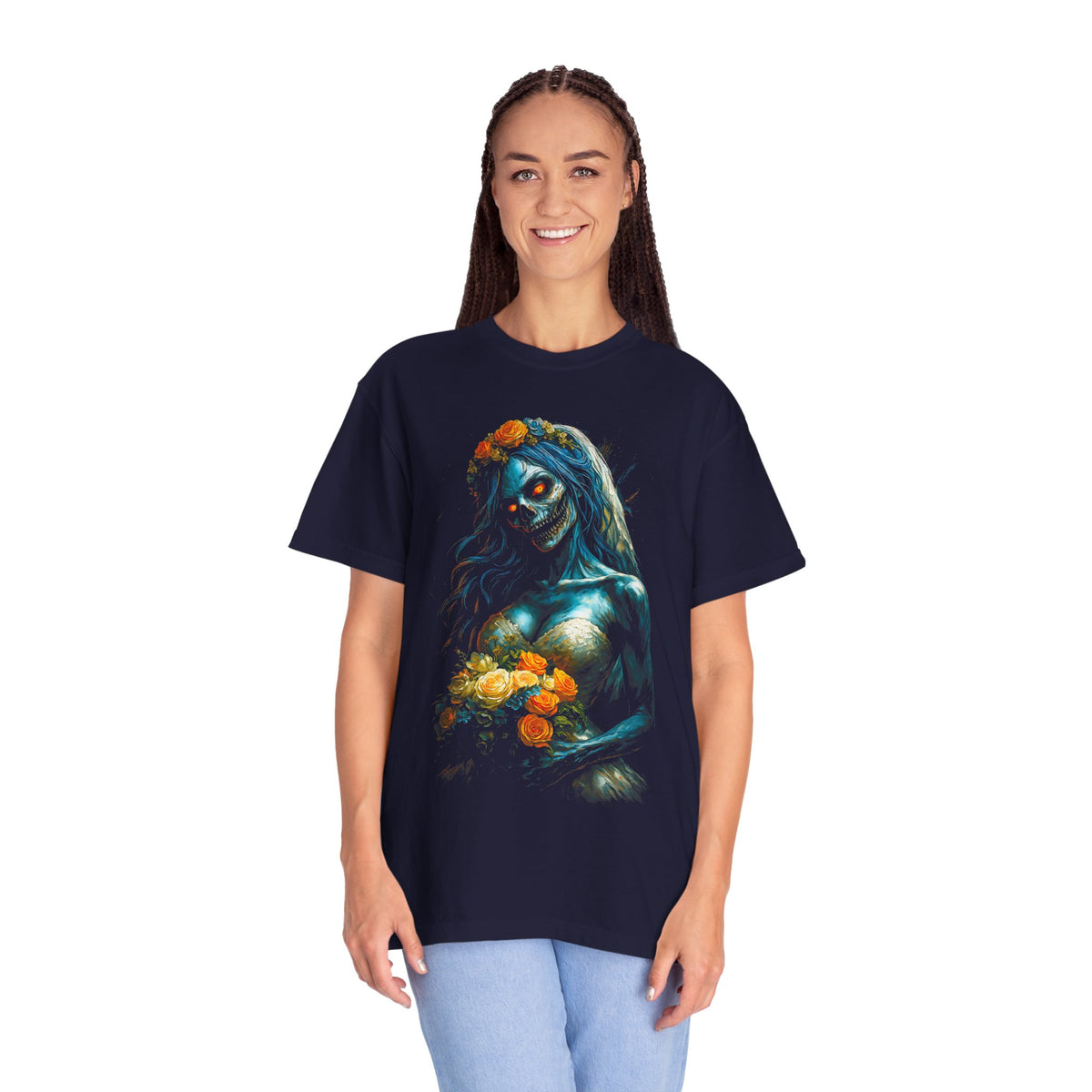 Zombie Bride Floral Skull T-Shirt — Gothic Halloween Horror Tee