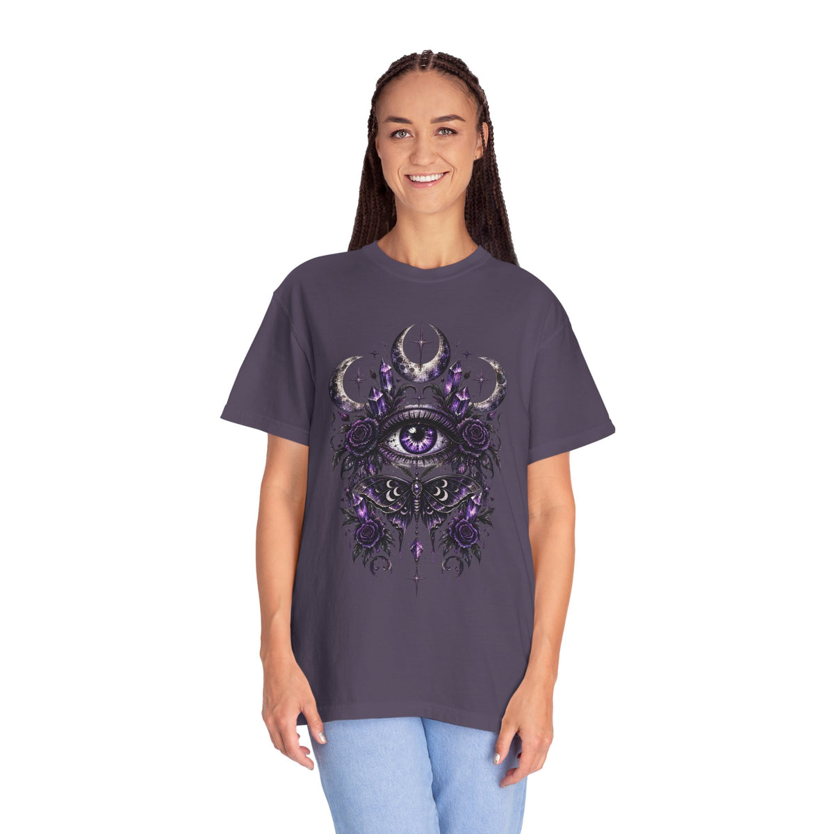 Mystic Eye and Moon T-Shirt — Purple Occult Floral Graphic Tee. Midnight Eye, LLC