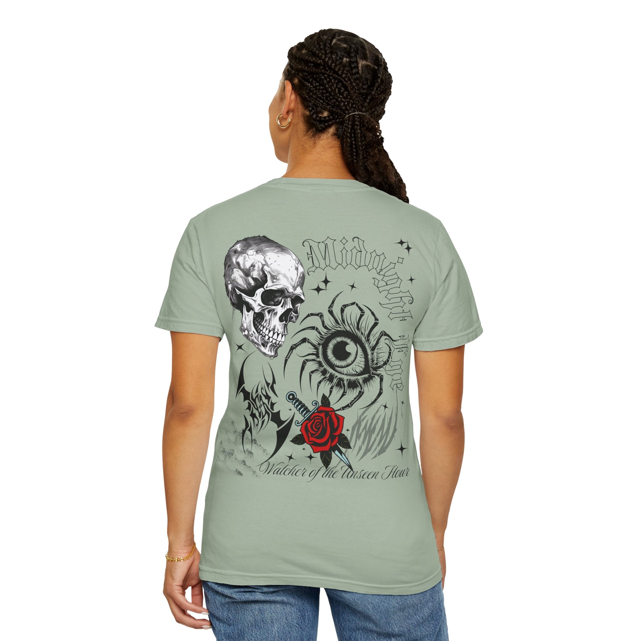 Graphic Skull & Red Rose Gothic T‑Shirt - Edgy Streetwear T-Shirt - Vintage Tee - Dark Aesthetic Tee - Midnight Eye, LLC