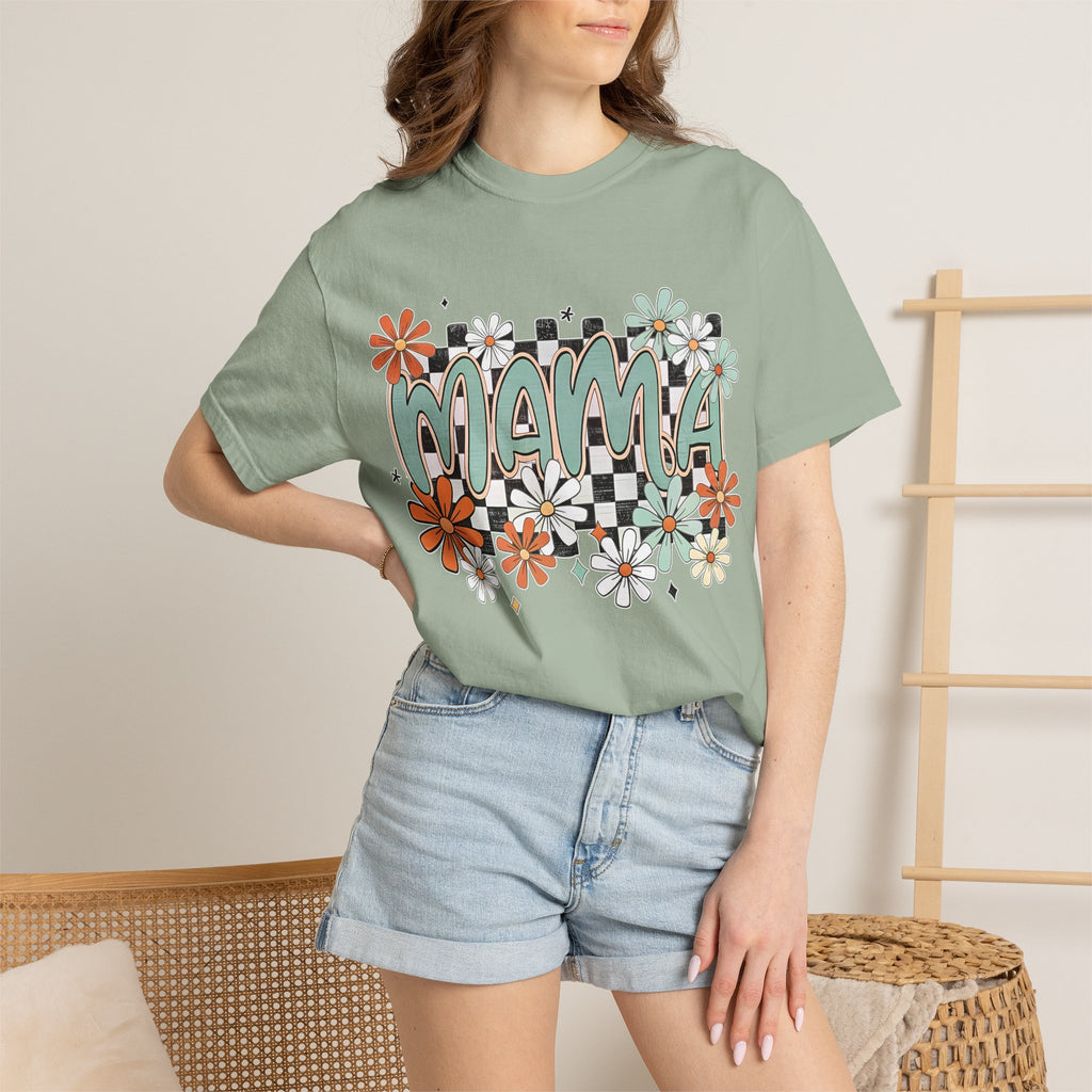 Mama Floral Graphic T-Shirt — Retro Checkerboard Mom Tee. Midnight Eye, LLC