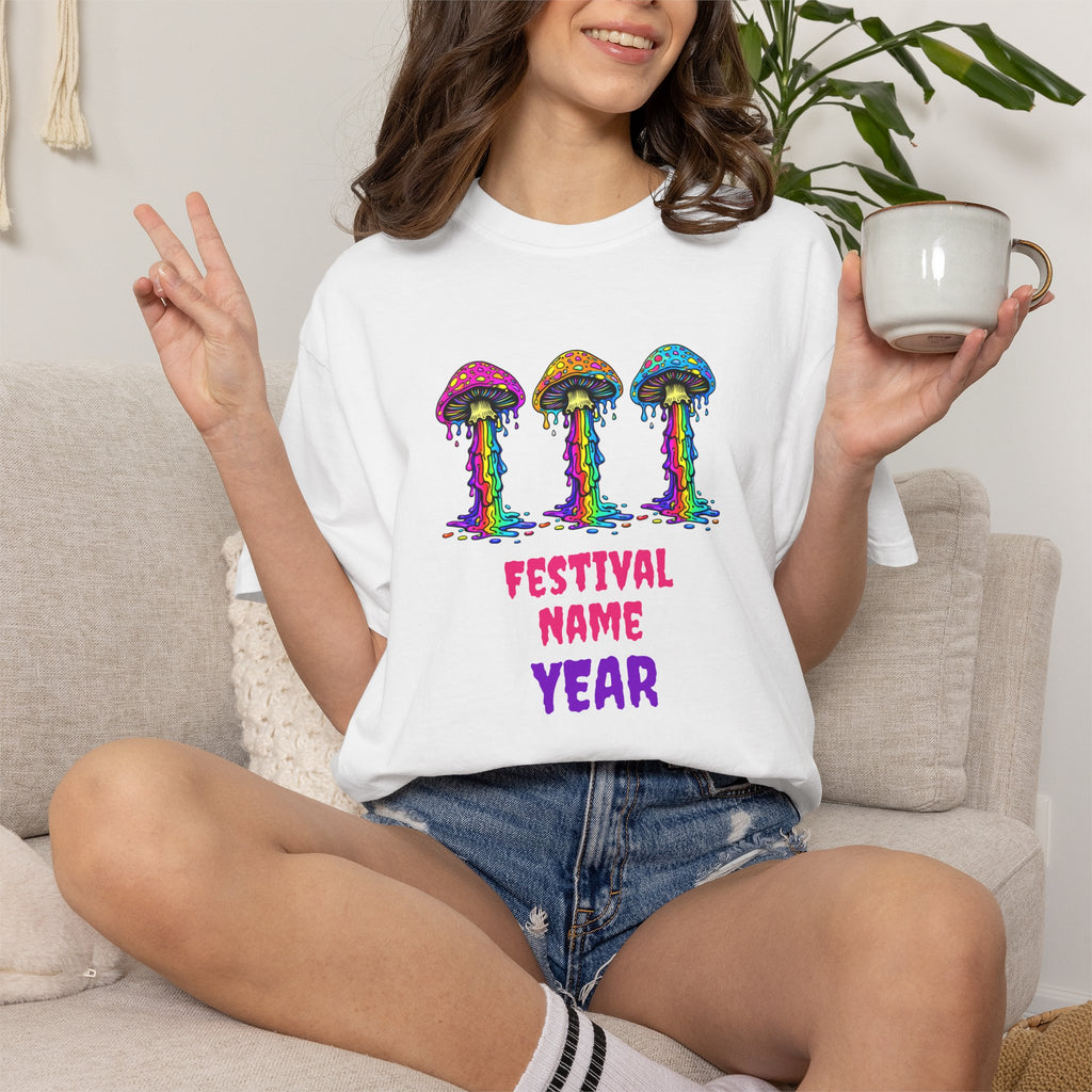 Personalized Rave Mushroom T-Shirt – Festival Tee. Enter Text and Year of Your Festival - Midnight Eye, LLC