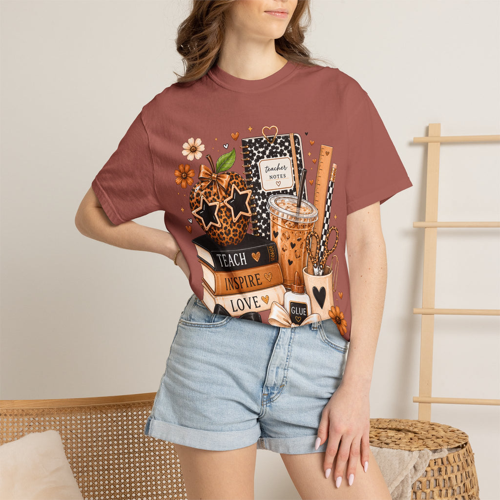 Teacher Life T‑Shirt — Teach Inspire Love Fall Apple & Coffee Graphic Tee