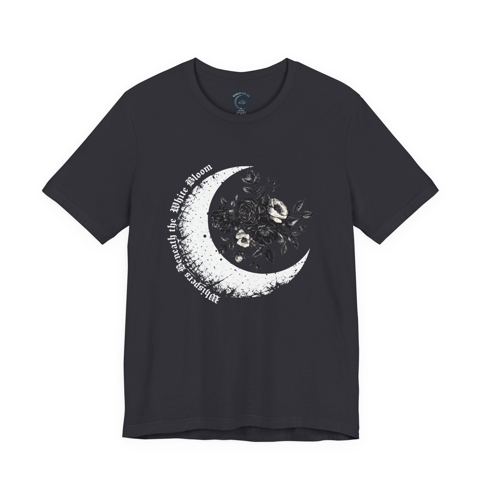 Navy blue t-shirt with a moon graphic and text on a white background