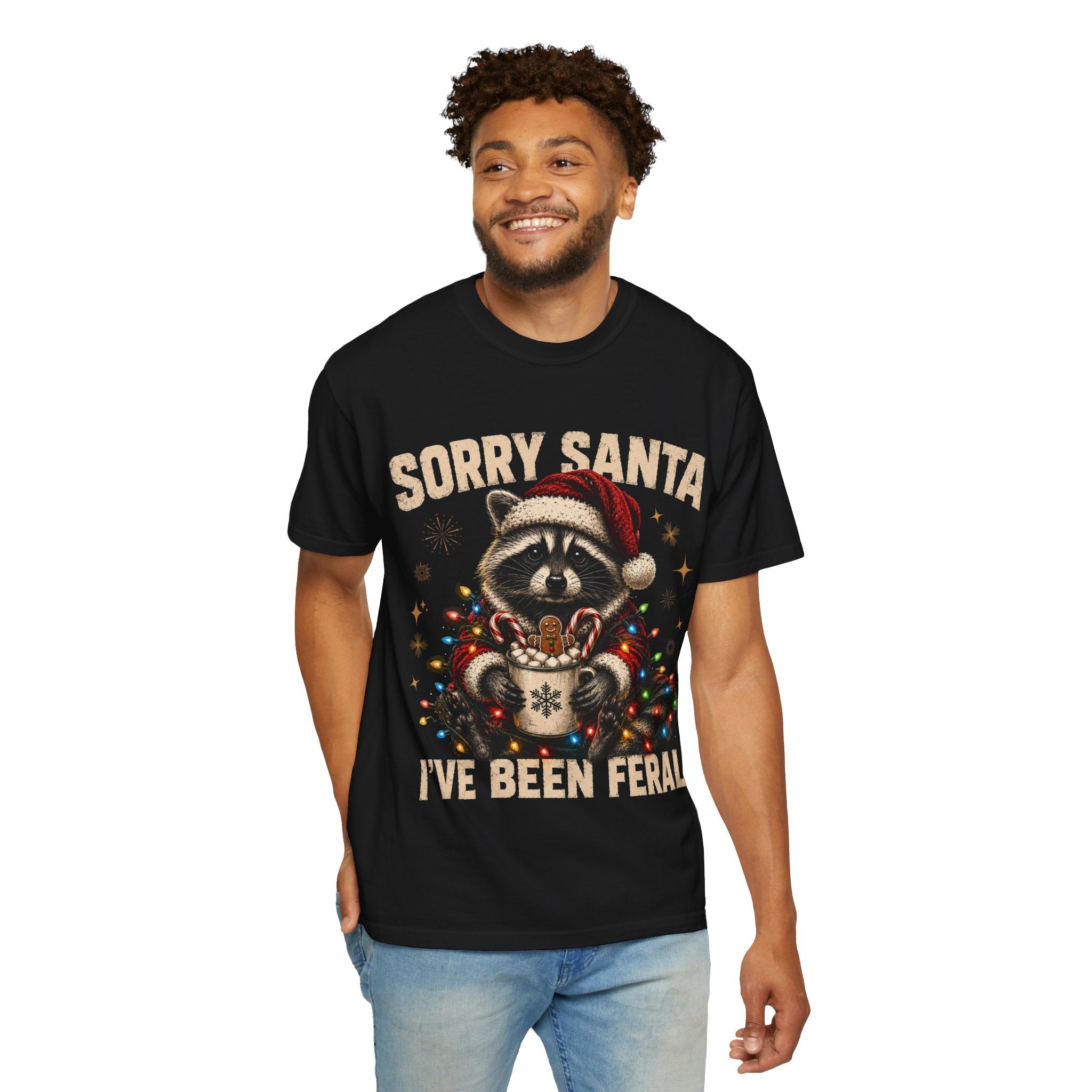 Sorry Santa I've Been Feral Cute Raccoon Christmas T-Shirt - Funny Racoon Tee
