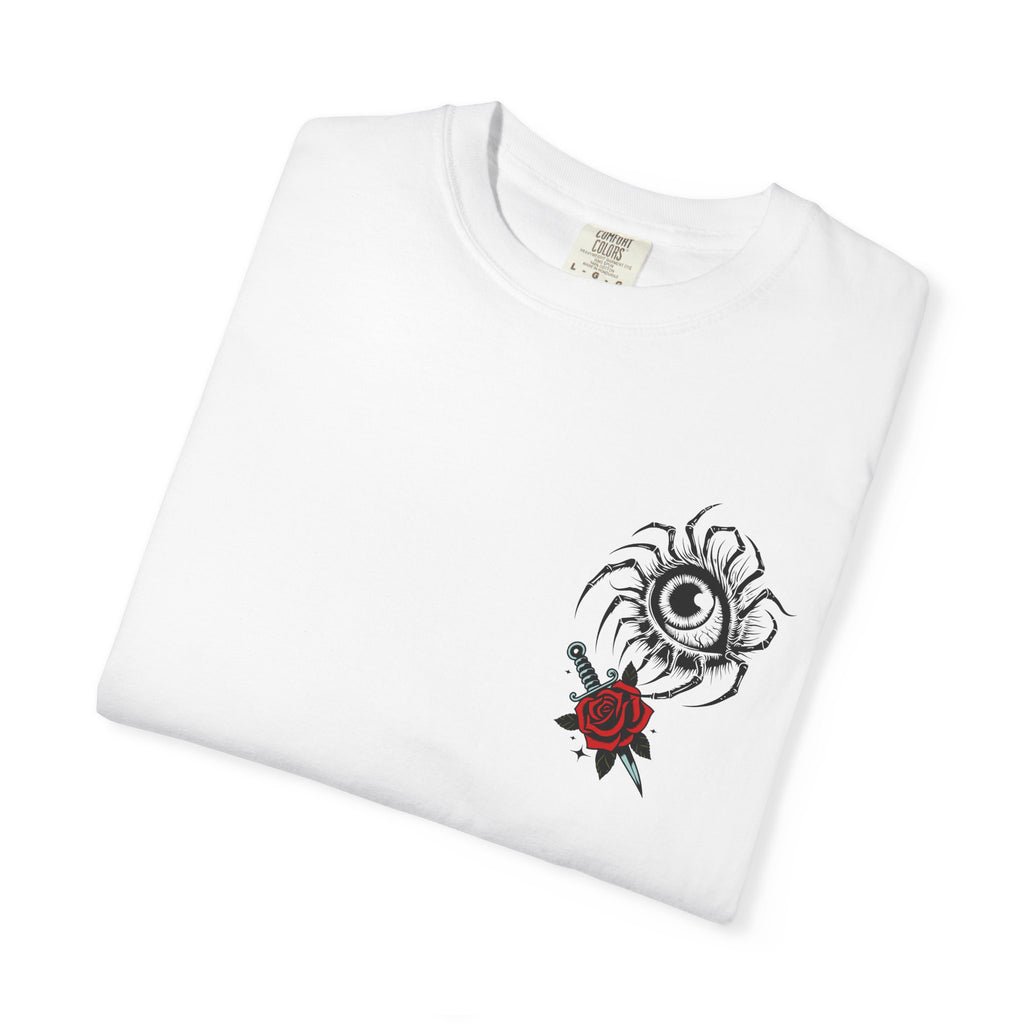 Graphic Skull & Red Rose Gothic T‑Shirt - Edgy Streetwear T-Shirt - Vintage Tee - Dark Aesthetic Tee - Midnight Eye, LLC