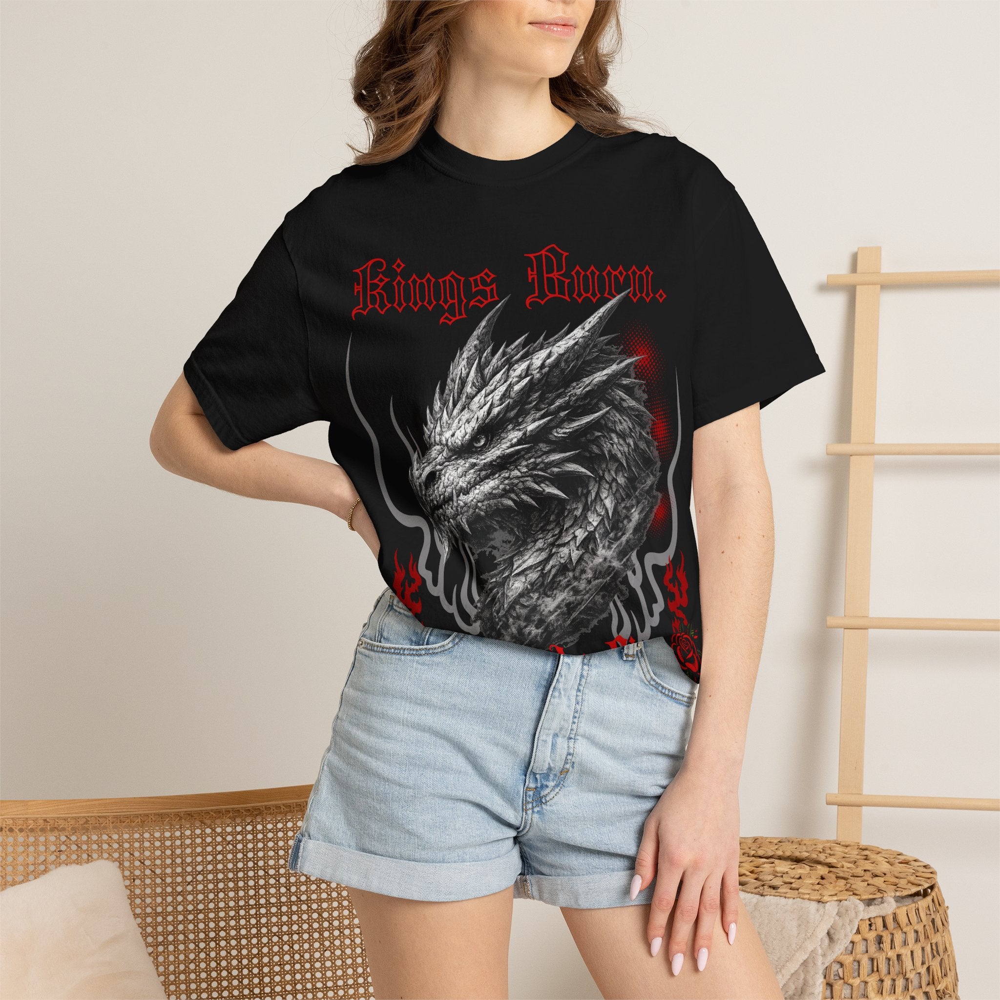 Dragon Head T-Shirt — "Kings Burn. Legends Rise." Red Rose Tattoo Graphic T-Shirt. Midnight Eye, LLC.