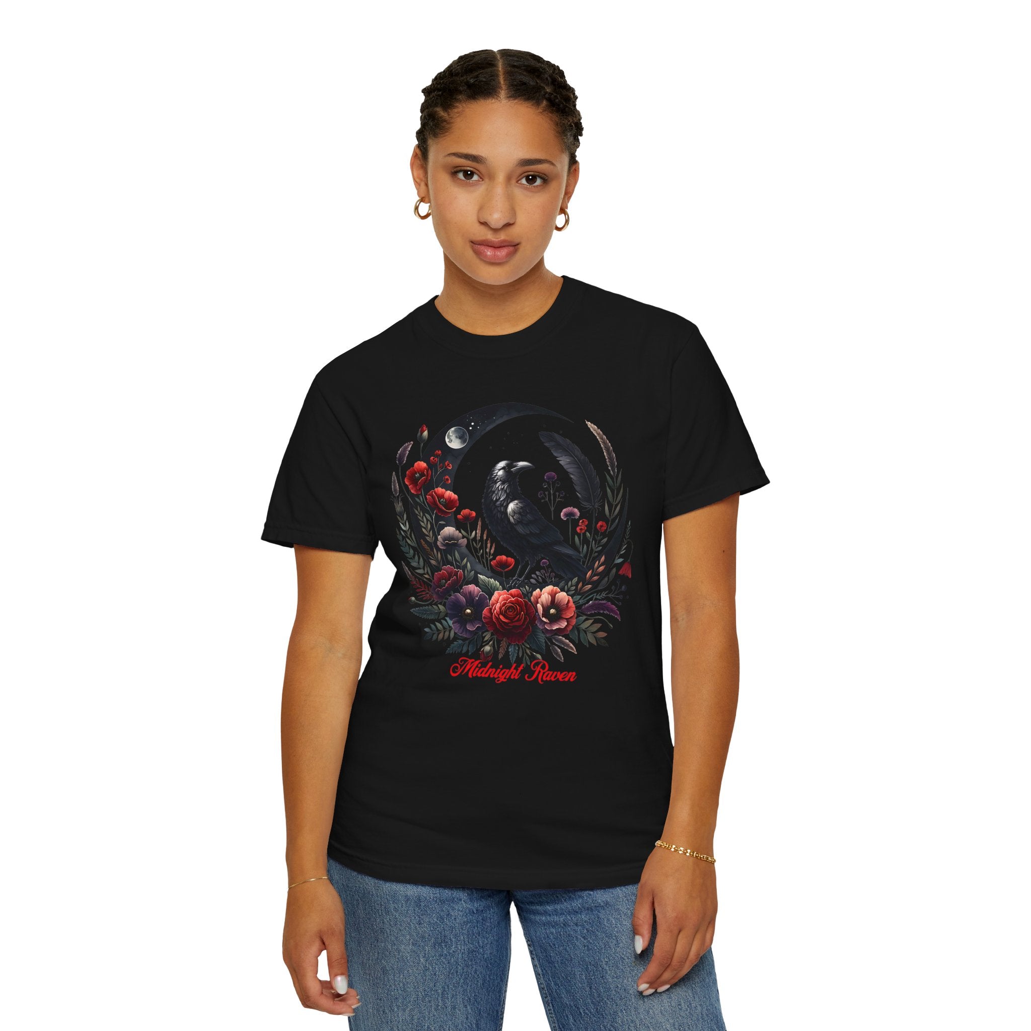 Moon Raven Floral T-Shirt — "Midnight Bloom" Graphic Tee - Mystical Moon Tee - Dark Aesthetic T-Shirt. Midnight Eye, LLC 