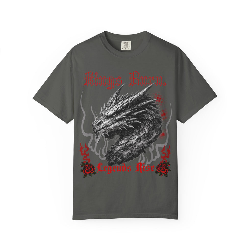 Dragon Head T-Shirt — "Kings Burn. Legends Rise." Red Rose Tattoo Graphic T-Shirt. Midnight Eye, LLC.