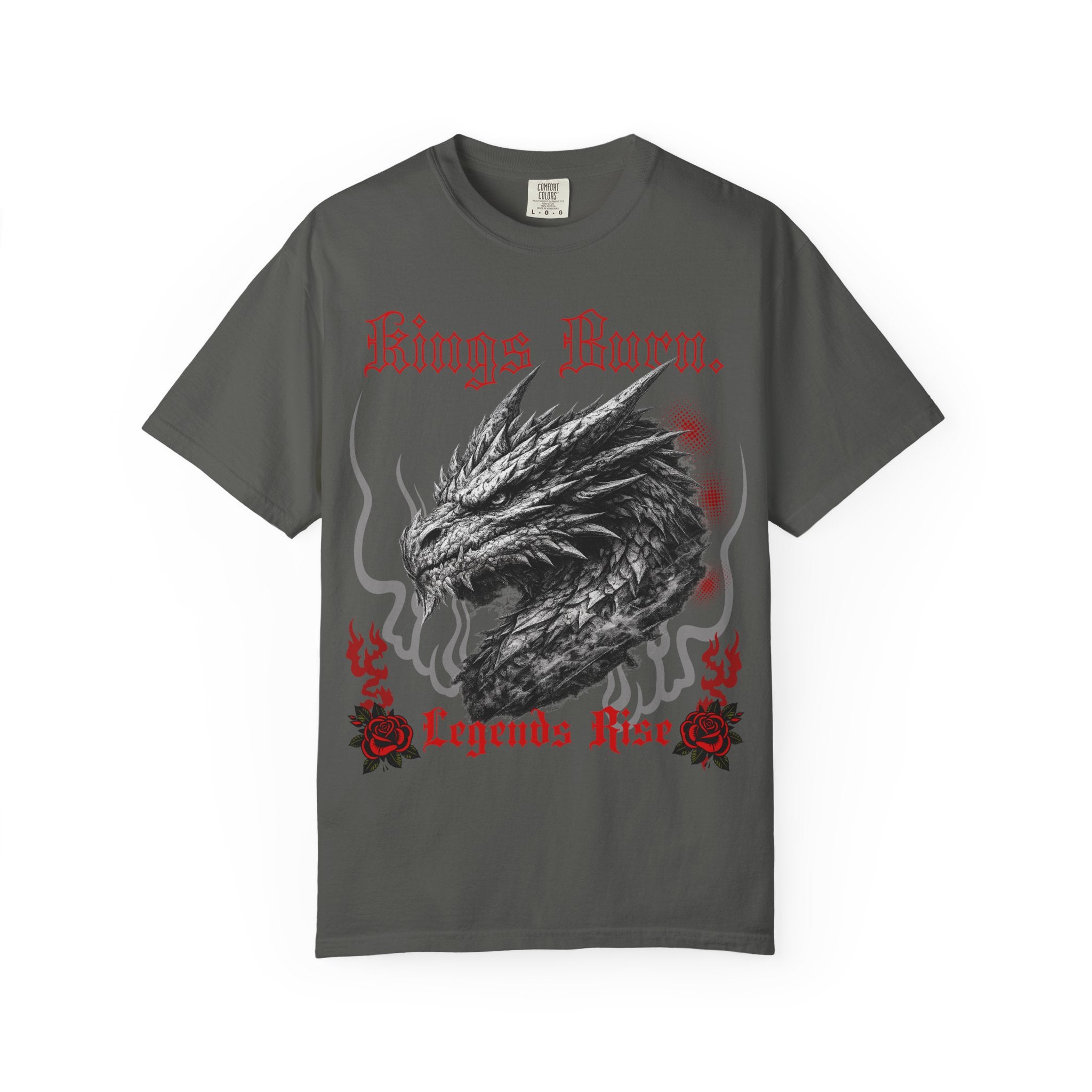 Dragon Head T-Shirt — "Kings Burn. Legends Rise." Red Rose Tattoo Graphic T-Shirt. Midnight Eye, LLC.