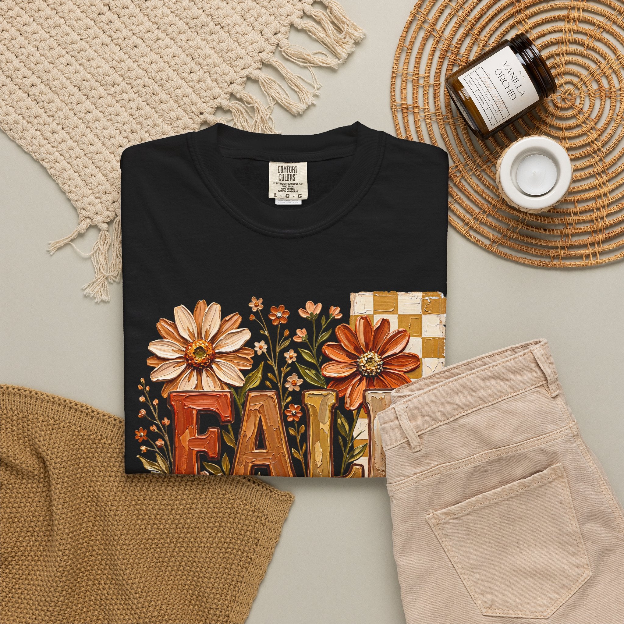 Fall Floral Pumpkin T-Shirt — Rustic Autumn Graphic Tee. Midnight Eye, LLC