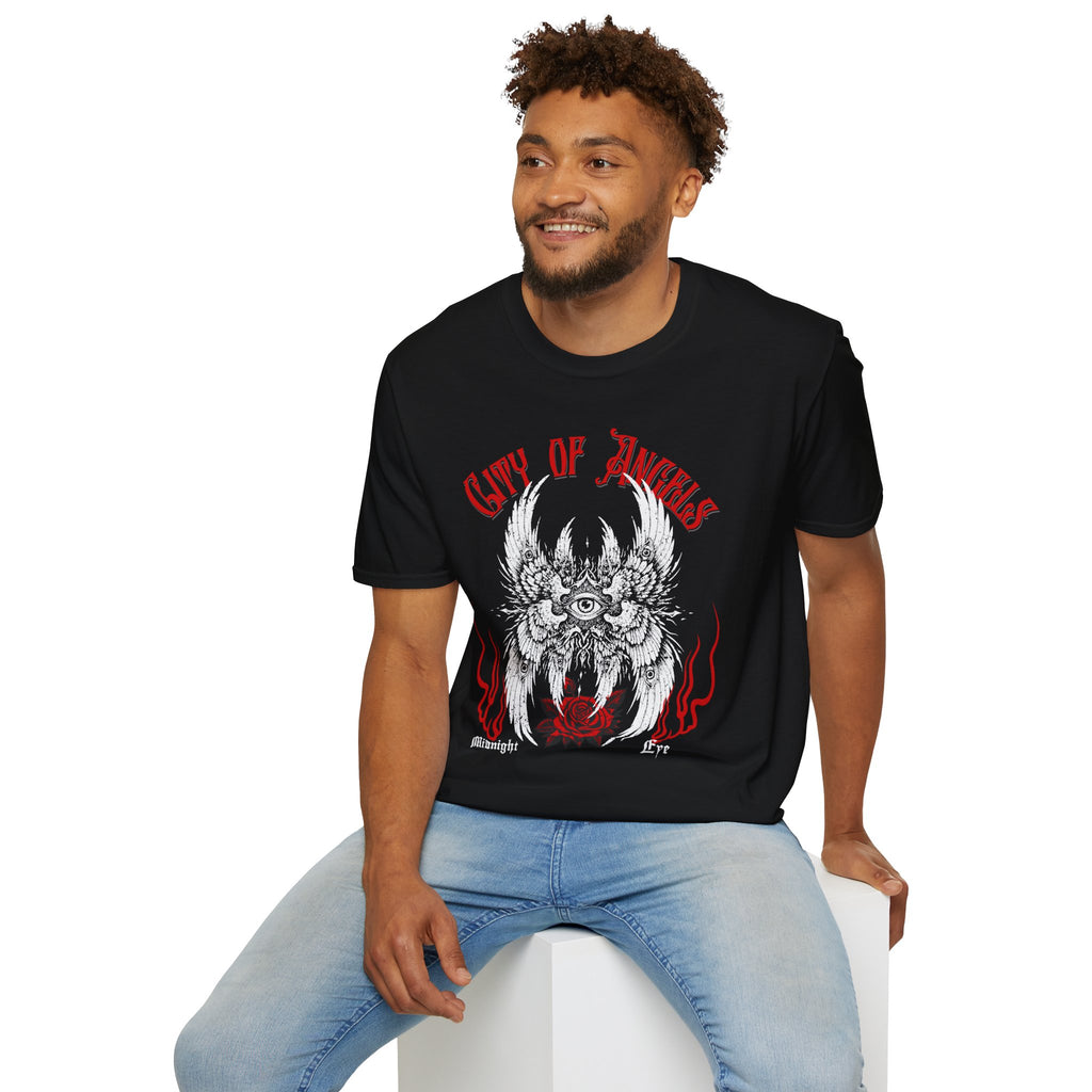Winged Eye & Red Rose Graphic Tee — Streetwear T-Shirt - Goth Distressed Tee. Midnight Eye, LLC.