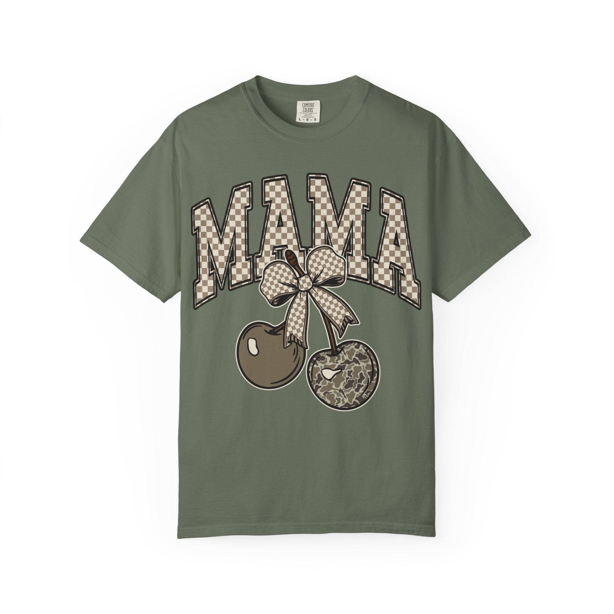 Mama Cherry Graphic T-Shirt — Retro Checkerboard Cherry Design. Midnight Eye, LLC
