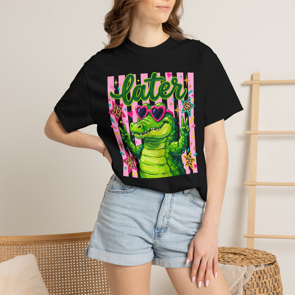 Funny Coquette Faux Brushstroke Stripped T-Shirt - Funny Alligator with Sunglasses Tee - Midnight Eye, LLC