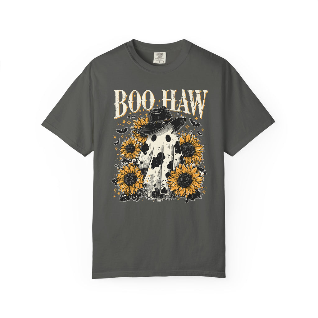 Boo Haw Ghost Tee — Sunflower Halloween T-Shirt - Spooky Western Tee. Midnight Eye LLC.