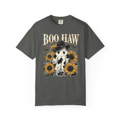 Boo Haw Ghost Tee — Sunflower Halloween T-Shirt - Spooky Western Tee. Midnight Eye LLC.