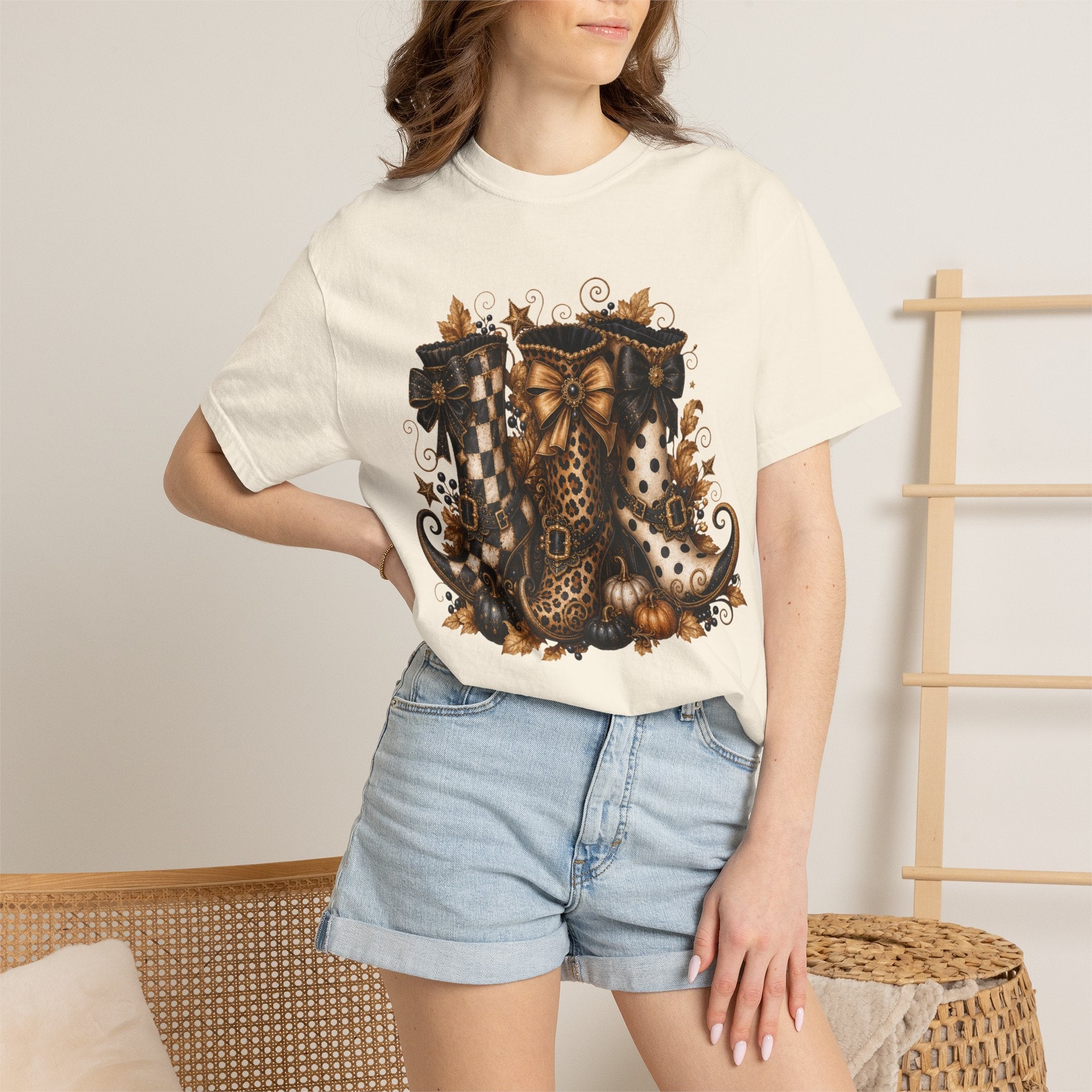Halloween Cat Bow T-Shirt — Autumn Pumpkin & Checkered Witch Boots Graphic Tee
