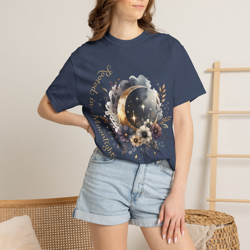 Moonlight Blooms T-Shirt — 'Rooted in Moonlight' Floral Crescent Moon Tee