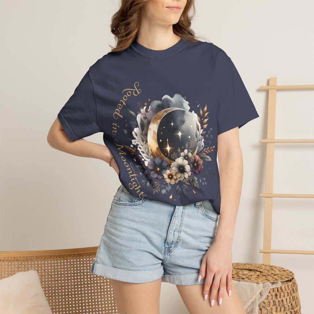 Moonlight Blooms T-Shirt — 'Rooted in Moonlight' Floral Crescent Moon Tee