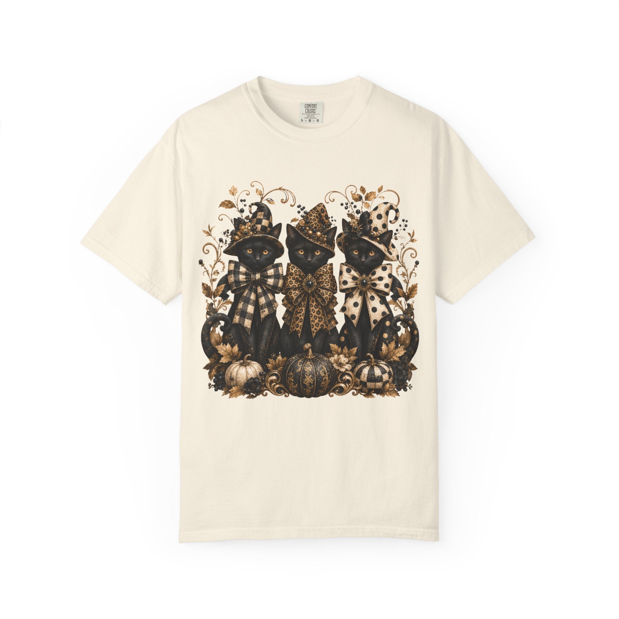Halloween Black Cats & Pumpkins T-Shirt — Autumn Spooky Vintage Tee. Midnight Eye, LLC