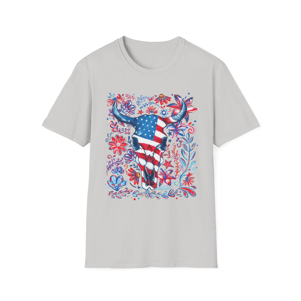 American Flag Longhorn T-Shirt — Patriotic Western Bull Tee for 4th of July - Midnight Eye, LLC