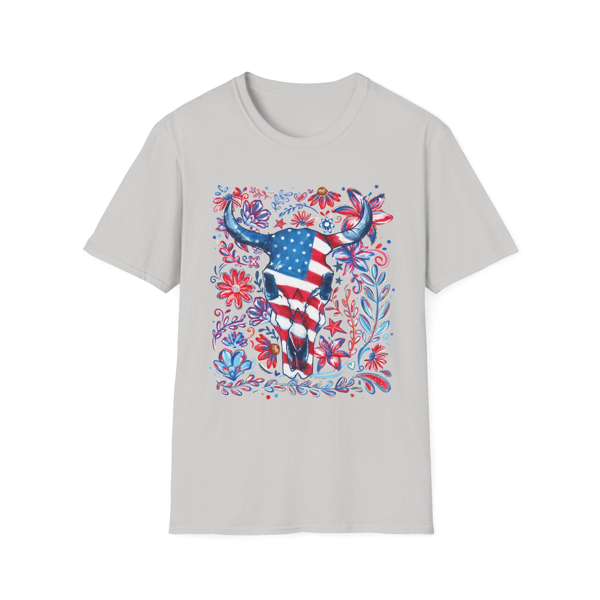 American Flag Longhorn T-Shirt — Patriotic Western Bull Tee for 4th of July - Midnight Eye, LLC