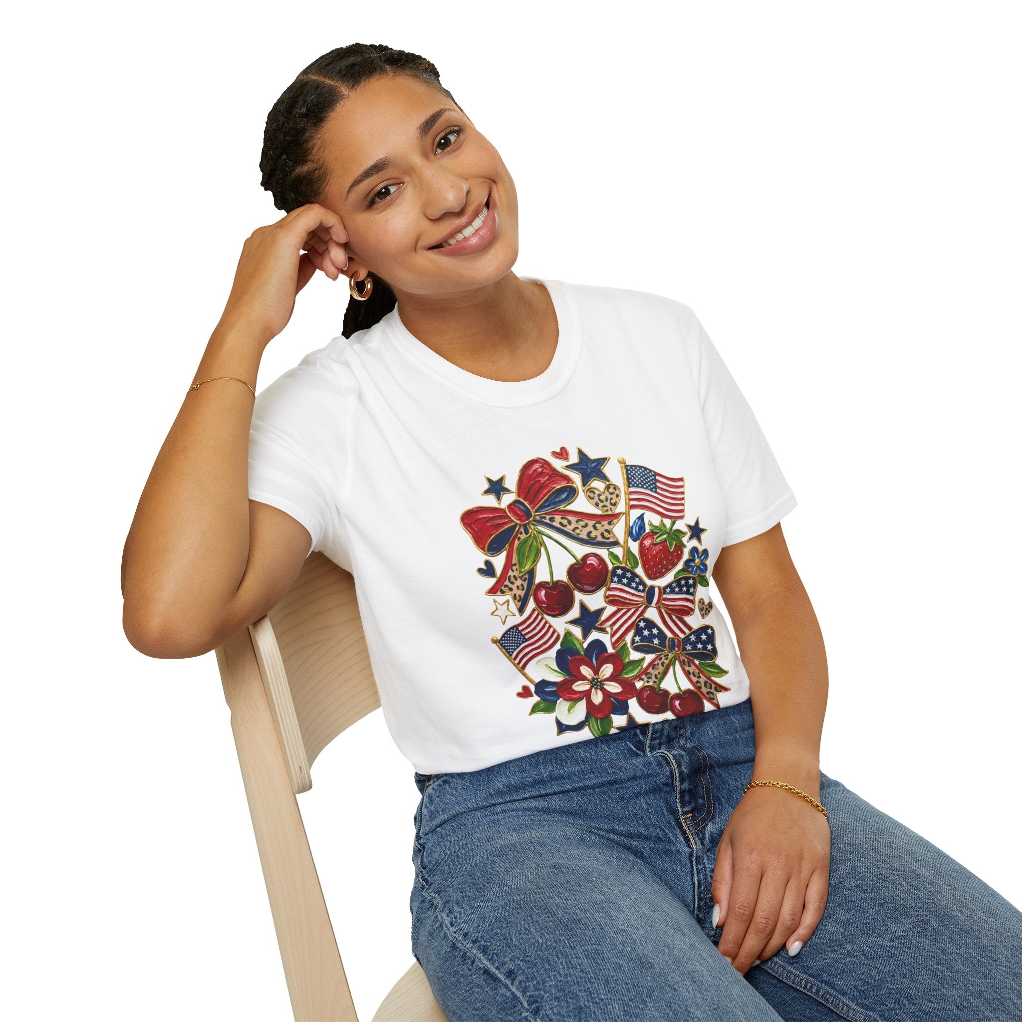 Patriotic Floral Americana T-Shirt - Faux Acrylic Paint Design - 4th of July T-Shirt - Midnight Eye, LLC