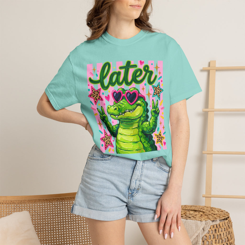 Funny Coquette Faux Brushstroke Stripped T-Shirt - Funny Alligator with Sunglasses Tee