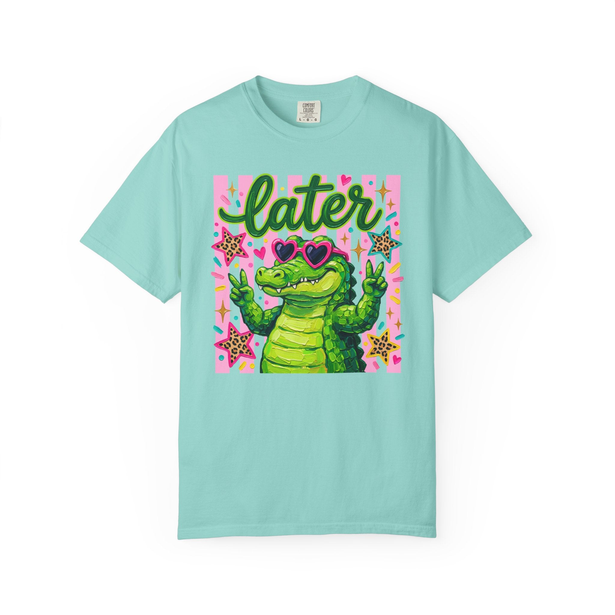 Funny Coquette Faux Brushstroke Stripped T-Shirt - Funny Alligator with Sunglasses Tee - Midnight Eye, LLC
