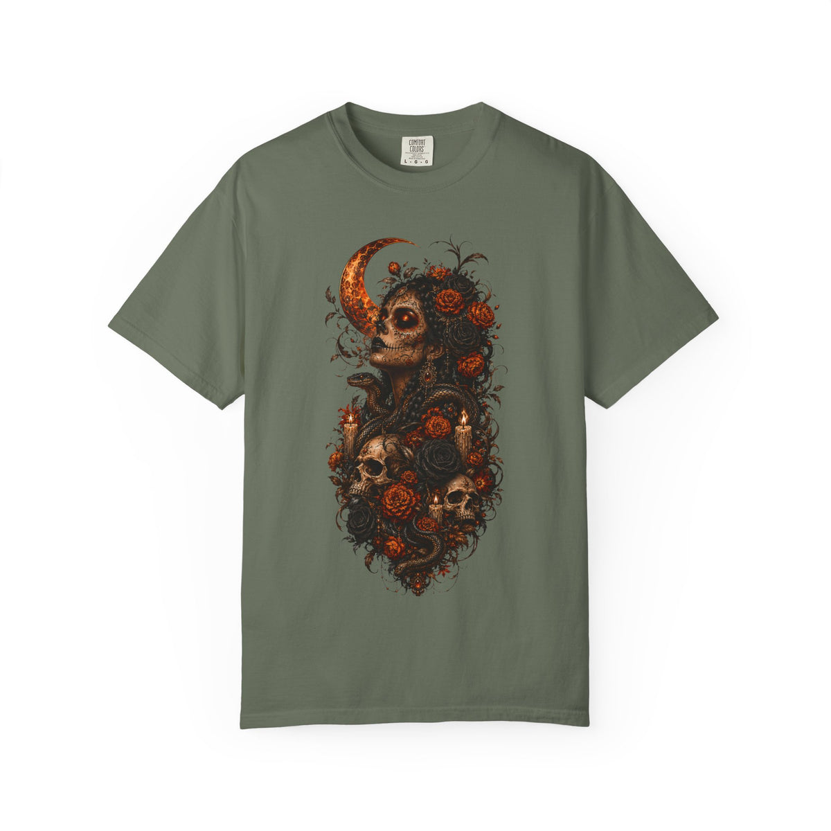 Skull & Rose Moon Tee — Gothic Floral Graphic T-Shirt - Day of the Dead Tee. Midnight Eye, LLC