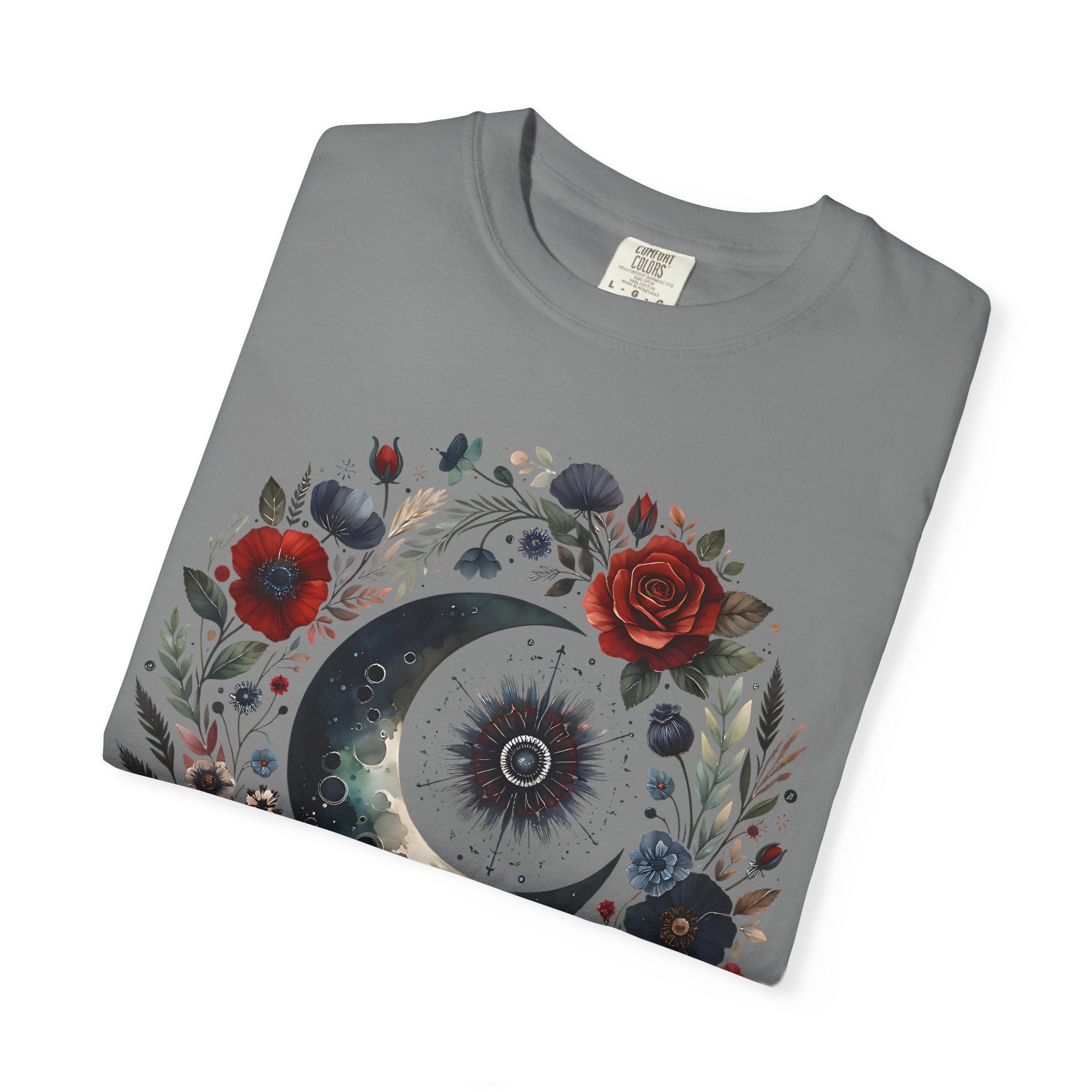 Mystical Moon T-Shirt — “Stay Mystical” Floral Crescent Tee - Dark Aesthetic T-Shirt, Mid Night Eye, LLC