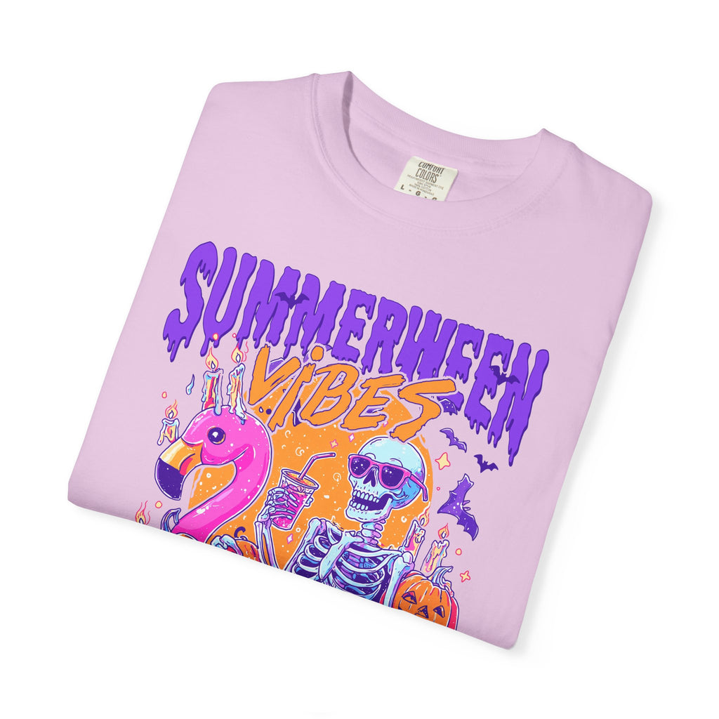 Summerween Vibes T-Shirt — Flamingo Pool Skeleton Halloween in Summer Tee - Midnight Eye, LLC