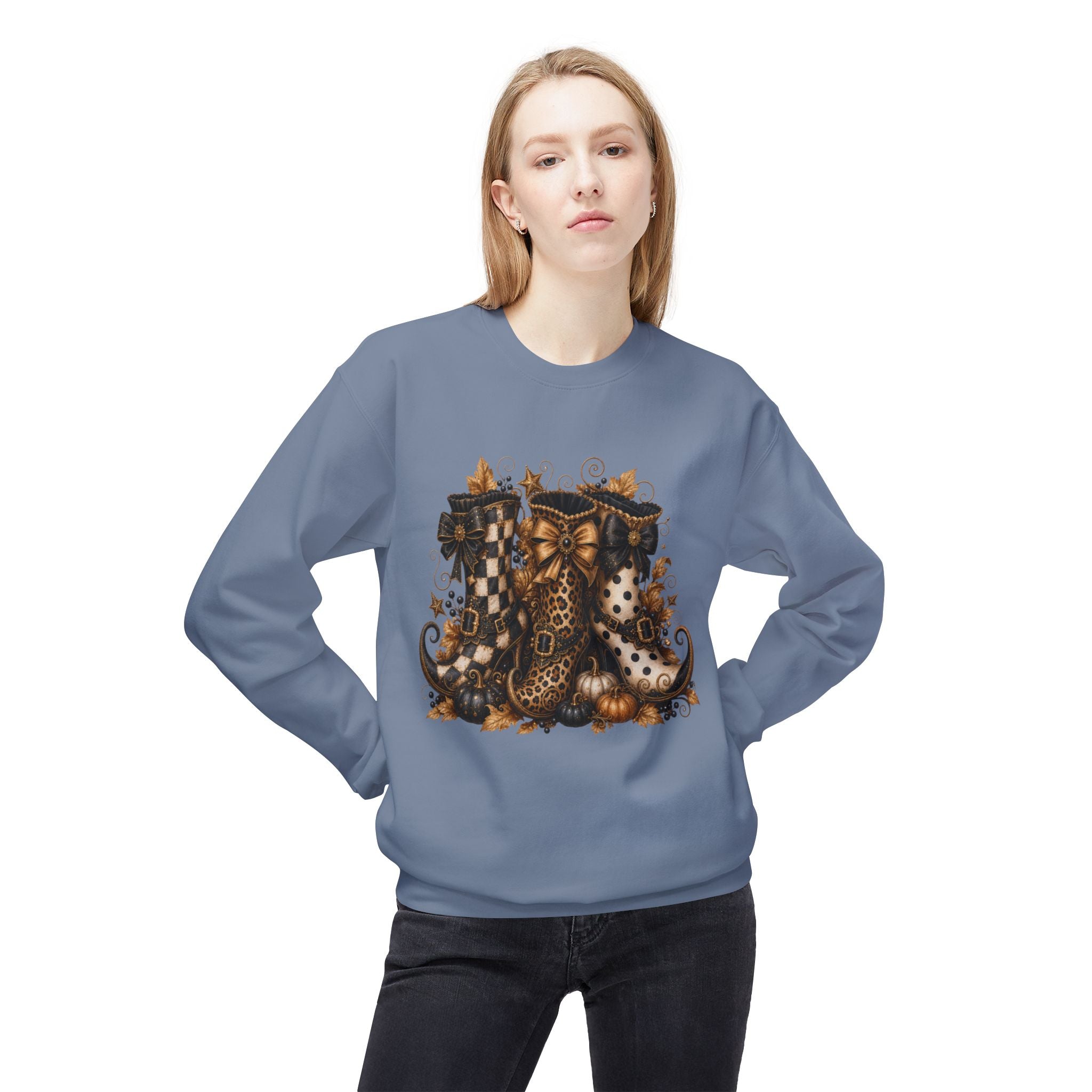 Halloween Boots Crewneck Sweatshirt — Autumn Witchy Vintage Goth Boot Trio Design