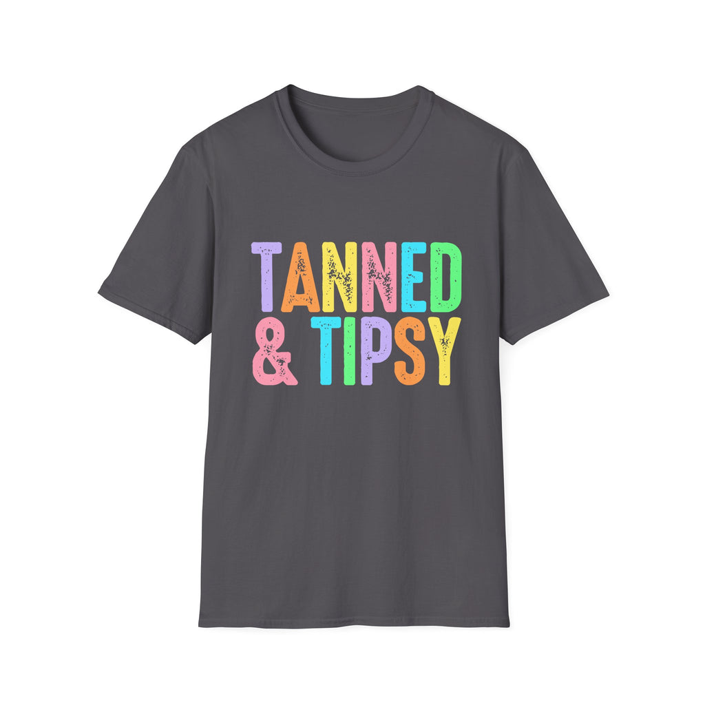 Tanned & Tipsy Beach Vacation T-Shirt - Colorful Vacation T-Shirt - Funny Summer Tee. Midnight Eye, LLC.