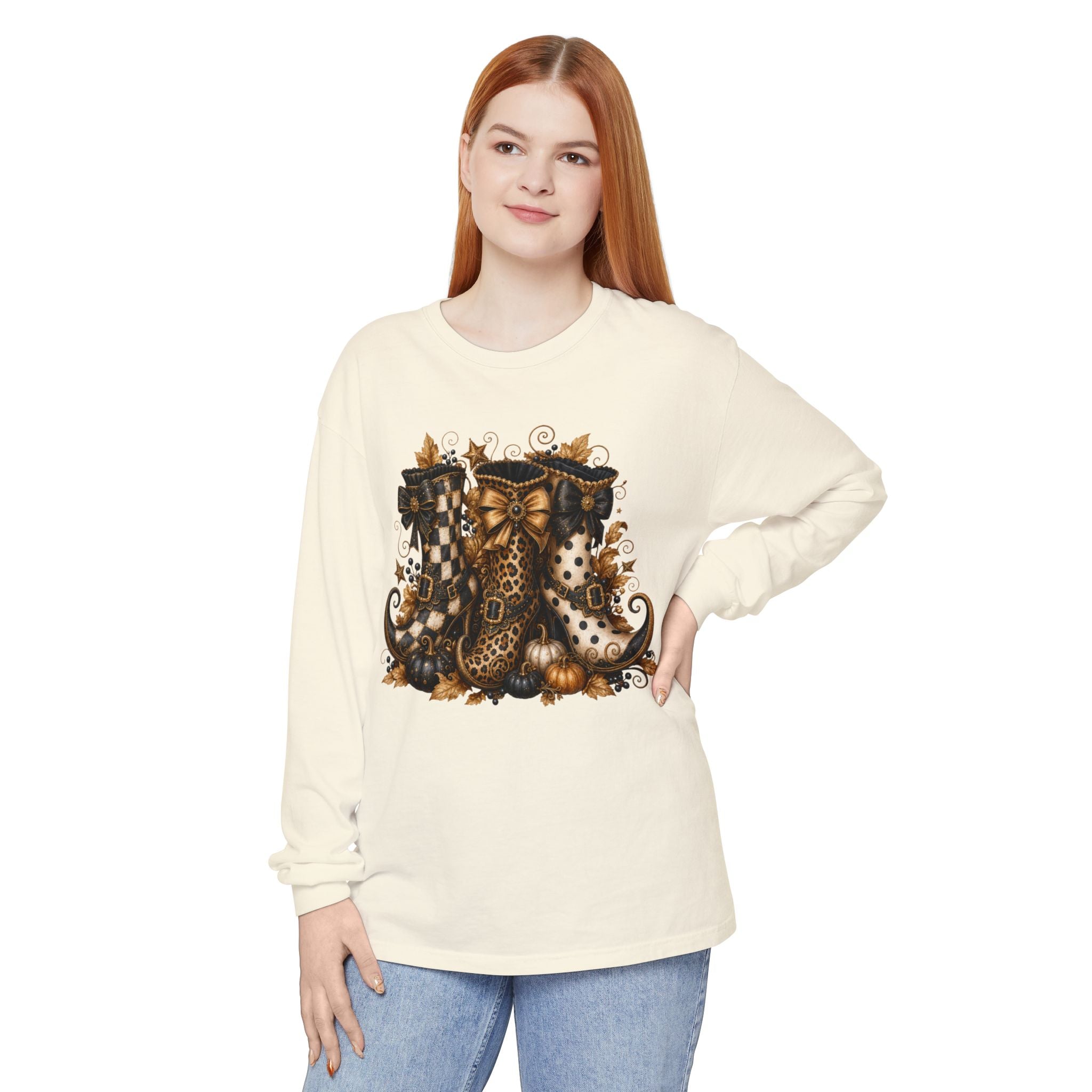 Halloween Witch Boots Long Sleeve T-Shirt — Vintage Spooky Pumpkin & Bows. Midnight Eye, LLC
