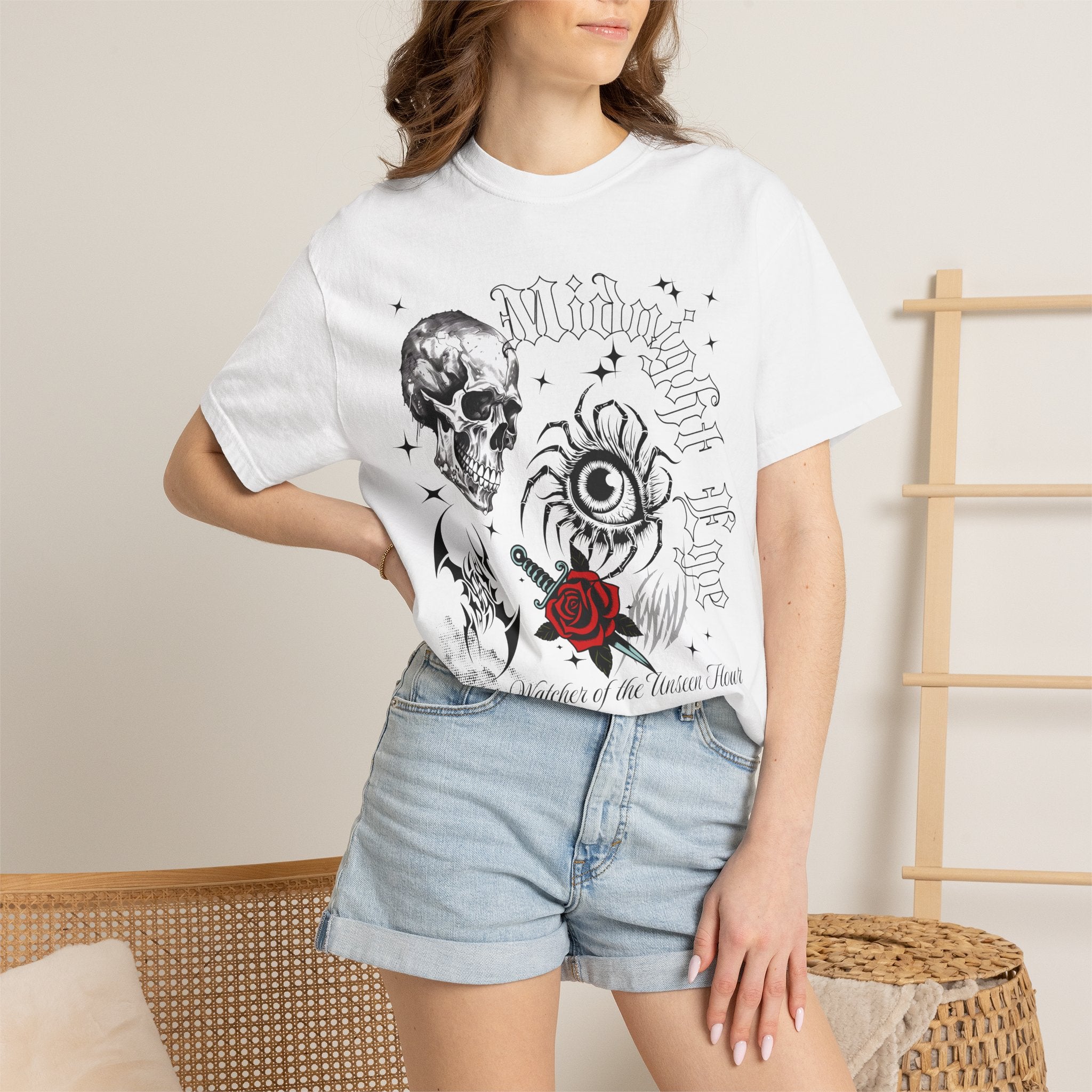 Skull, Red Rose & Eye Tattoo Art T-Shirt — Gothic Streetwear Tee. Midnight Eye, LLC