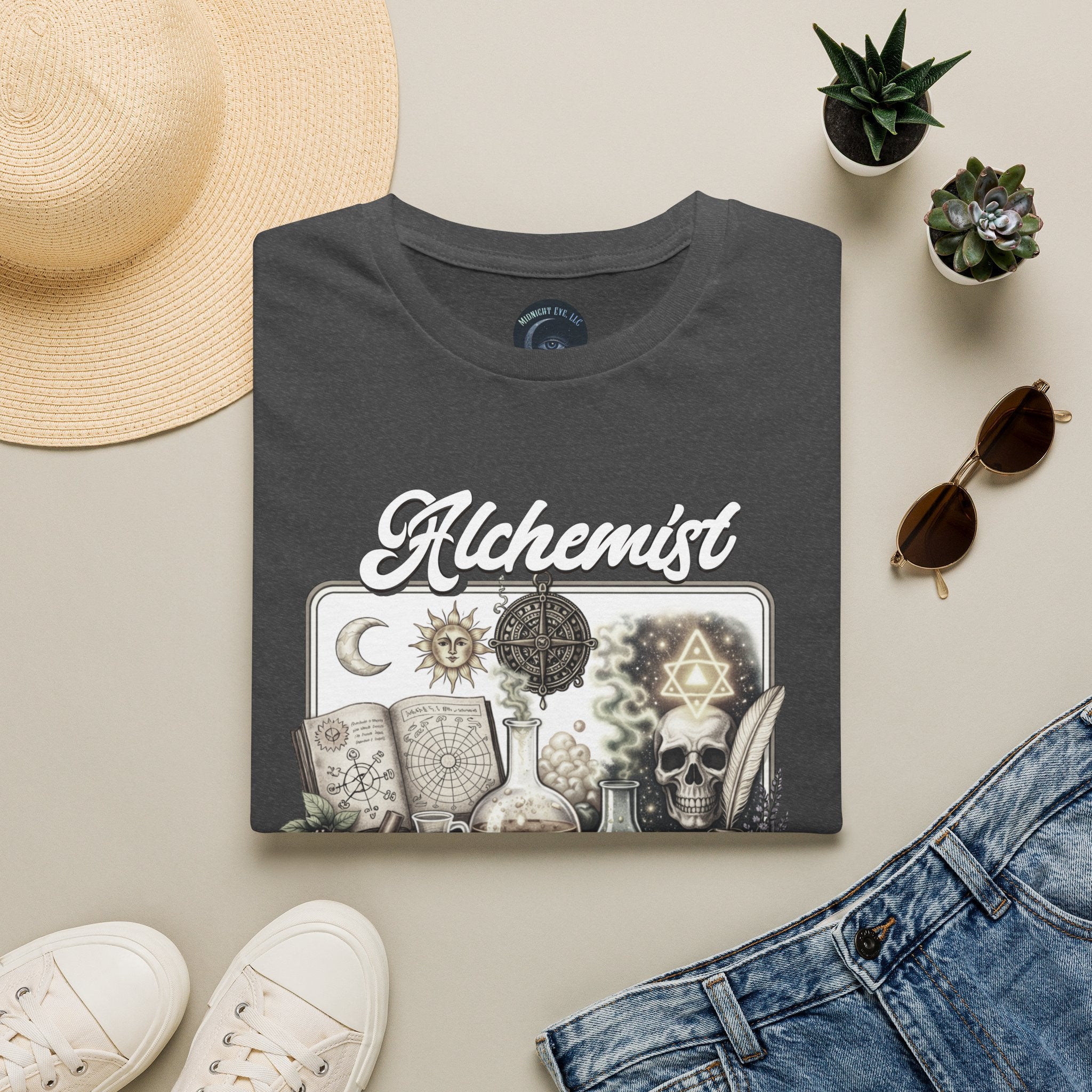 Alchemist Graphic T-Shirt — Vintage Apothecary Potion & Skull Design - Mystical Tee - Midnight Eye, LLC
