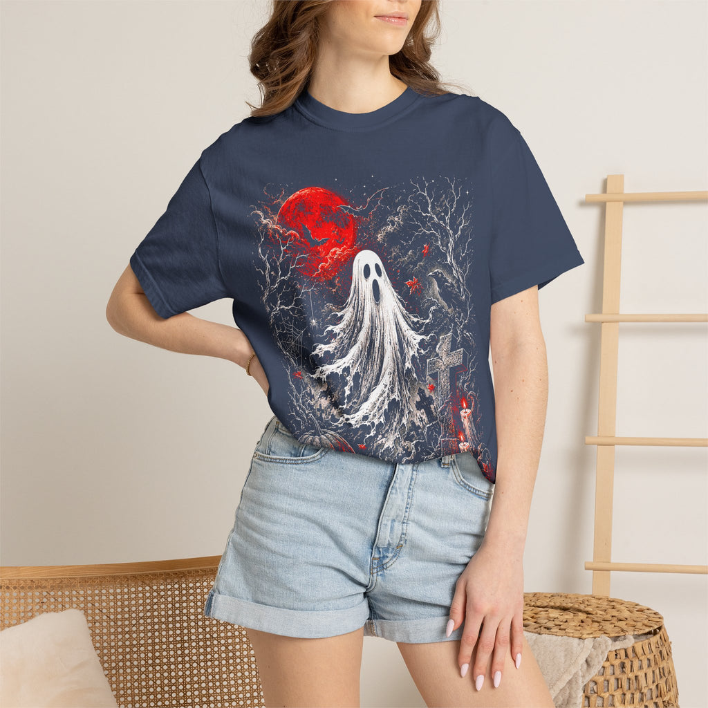 Halloween Ghost T-Shirt — Spooky Graveyard Design with Red Moon. Midnight Eye, LLC.
