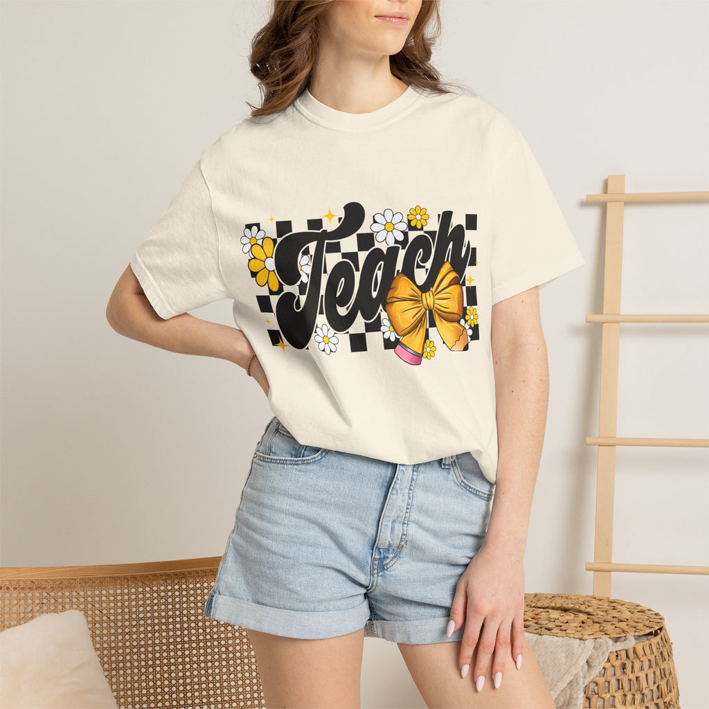 Teacher Floral Bow T-Shirt — 'Teach' Checkerboard Design