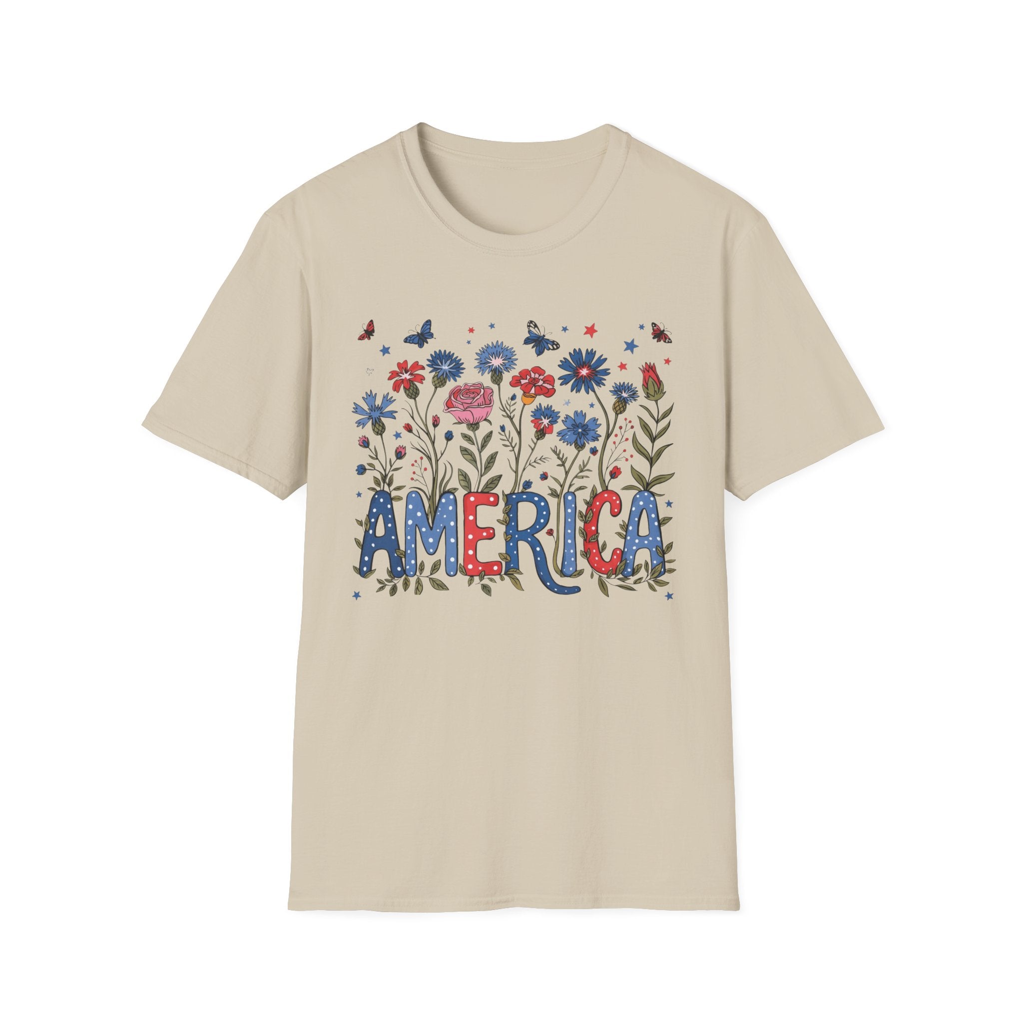 America Floral T‑Shirt — Patriotic Red, White & Blue Garden Graphic Tee - 4th of July T-Shirt - Midnight Eye, LLC