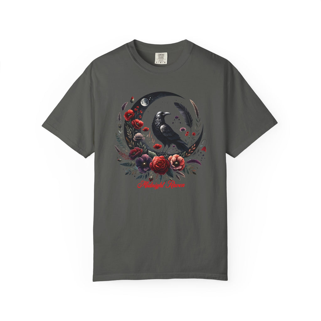 Moon Raven Floral T-Shirt — "Midnight Bloom" Graphic Tee - Mystical Moon Tee - Dark Aesthetic T-Shirt - Midnight Eye, LLC