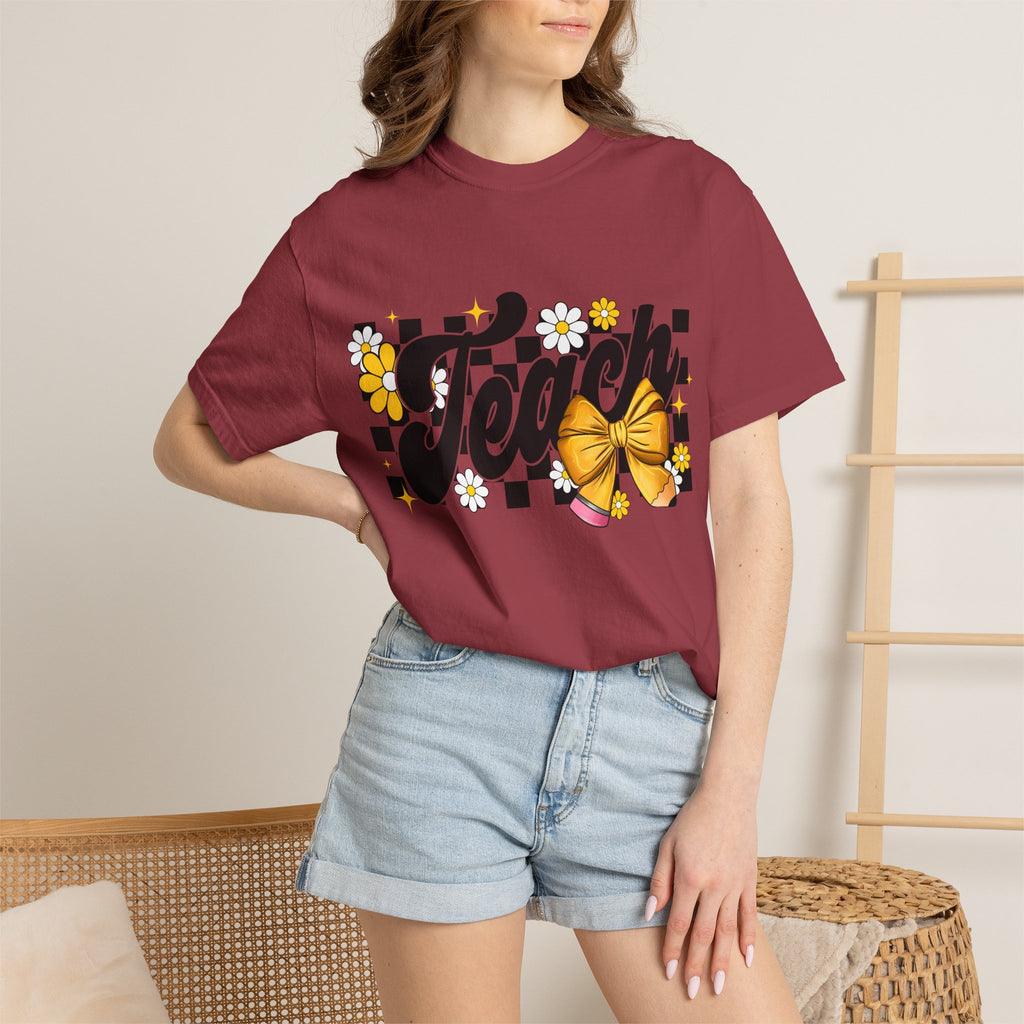 Teacher Floral Bow T-Shirt — 'Teach' Checkerboard Design